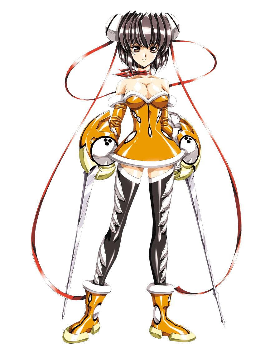 1girl absurdres bare_shoulders black_hair black_legwear boots breasts brown_eyes choker cleavage collarbone dress dual_wielding eliza_mayfield growlanser growlanser_iv highres holding holding_sword holding_weapon large_breasts long_hair looking_at_viewer multiple_girls official_art orange_dress scarf shiny shiny_clothes shiny_hair short_dress short_hair skirt smile strapless strapless_dress sword thigh-highs transparent_background urushihara_satoshi very_long_hair weapon zettai_ryouiki