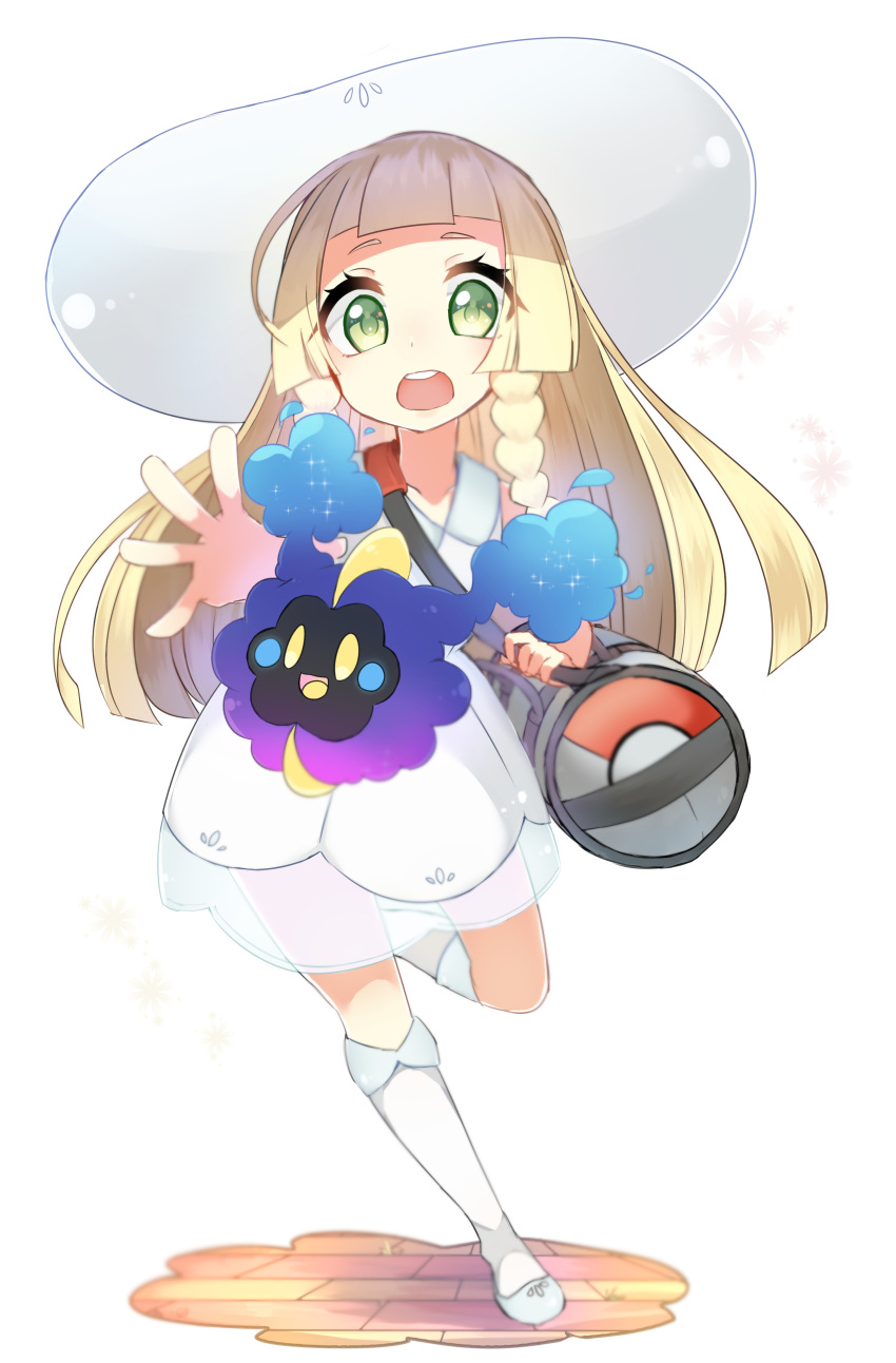 1girl :d :o absurdres bag bangs bare_shoulders blonde_hair blue_shoes blunt_bangs braid breasts brick_floor collarbone collared_dress commentary_request cosmog dress duffel_bag full_body green_eyes hat highres kneehighs lillie_(pokemon) long_hair looking_at_viewer open_mouth poke_ball_theme pokemon pokemon_(game) pokemon_sm reirou_(chokoonnpu) see-through shoes sleeveless sleeveless_dress small_breasts smile standing standing_on_one_leg sun_hat sundress twin_braids white_background white_dress white_hat white_legwear