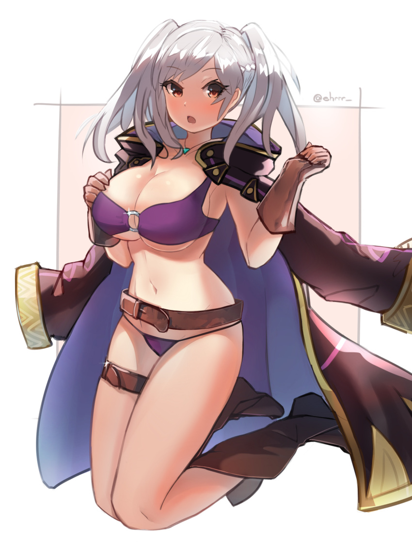 1girl :o belt bikini boots breasts brown_boots brown_gloves cape cleavage ehrrr fire_emblem fire_emblem:_kakusei fire_emblem_heroes full_body gloves highres jewelry large_breasts looking_at_viewer my_unit_(fire_emblem:_kakusei) navel o-ring_bikini o-ring_top pendant red_eyes shiny shiny_hair silver_hair solo swimsuit thigh_strap twitter_username two_side_up