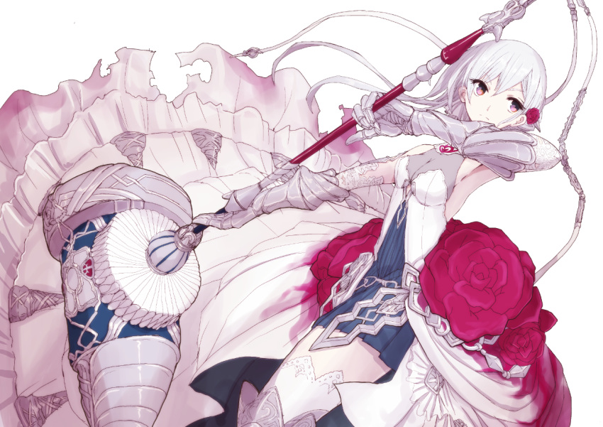 1girl armpits asymmetrical_hair bangs blue_skirt boushi-ya breasts cleavage closed_mouth dress dutch_angle eyebrows_visible_through_hair hammer holding holding_weapon long_dress long_hair pleated_skirt simple_background sinoalice skirt small_breasts snow_white_(sinoalice) solo thigh-highs weapon white_background white_dress white_legwear