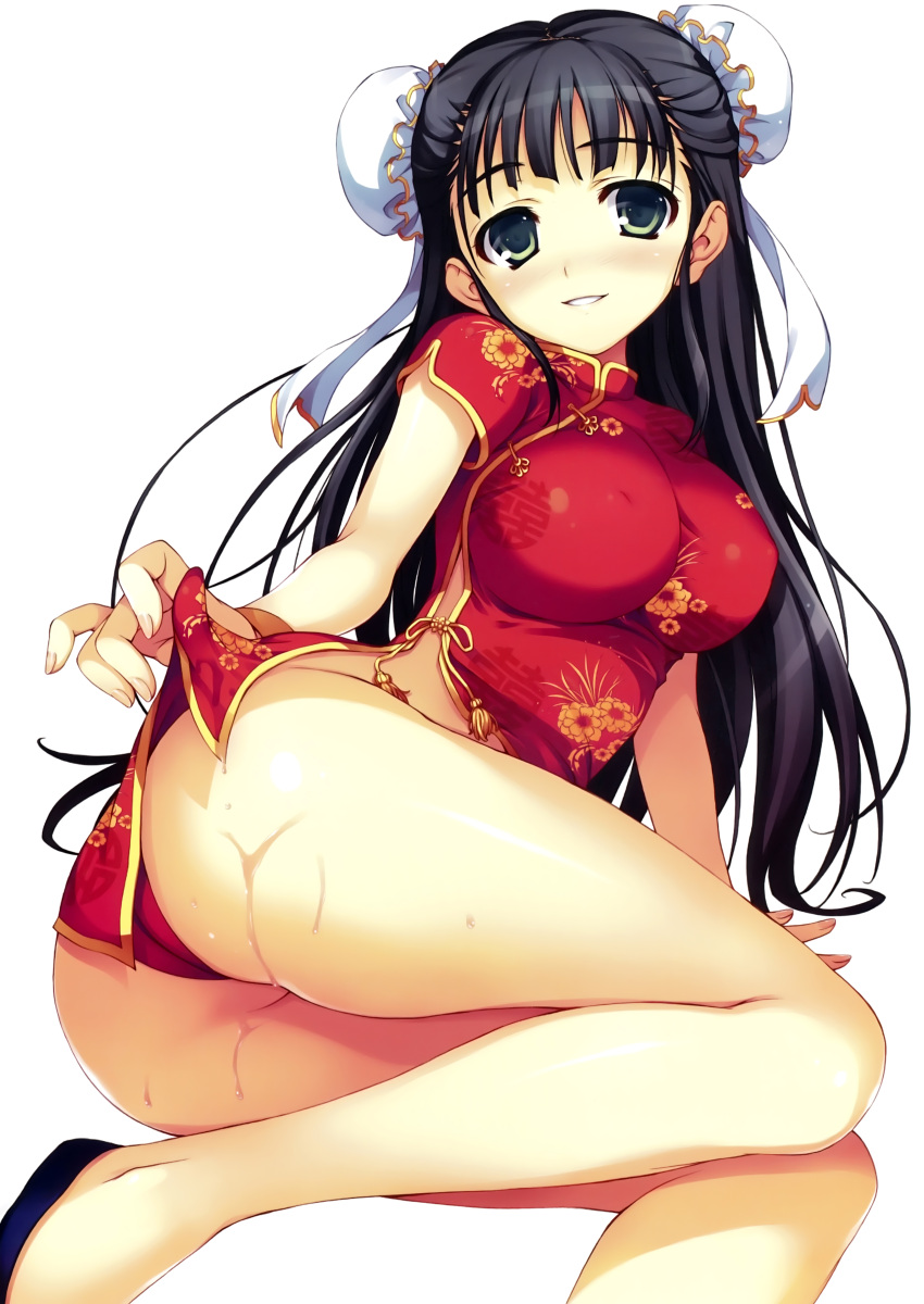 1girl absurdres arm_support black_hair breasts bun_cover china_dress chinese_clothes double_bun dress green_eyes highres large_breasts long_hair lying on_side panties red_panties simple_background smile solo tomose_shunsaku underwear wet