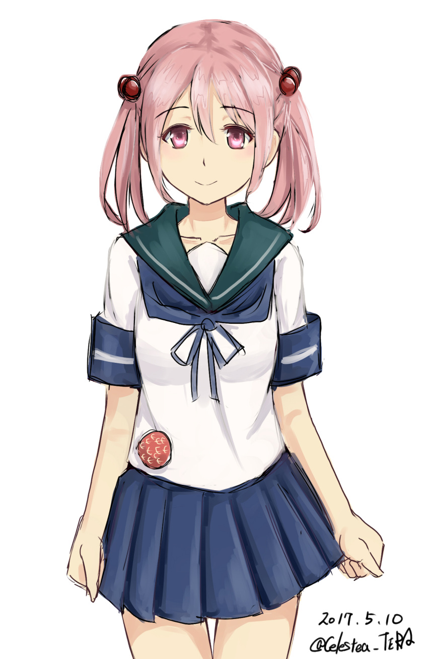 10s 1girl 2017 badge blue_sailor_collar blue_skirt celestea_tera cowboy_shot dated hair_bobbles hair_ornament highres kantai_collection looking_at_viewer pink_eyes pink_hair pleated_skirt sazanami_(kantai_collection) school_uniform serafuku short_hair simple_background skirt smile solo twintails twitter_username white_background