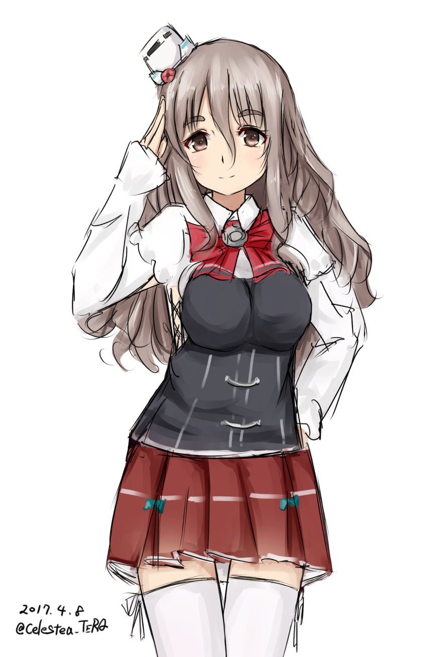 10s 1girl 2017 bow bowtie breasts brown_eyes celestea_tera corset cowboy_shot dated grey_hair hat highres kantai_collection large_breasts long_hair looking_at_viewer mini_hat miniskirt pleated_skirt pola_(kantai_collection) red_bow red_bowtie red_skirt shirt skirt smile solo standing thigh-highs twitter_username wavy_hair white_legwear white_shirt zettai_ryouiki