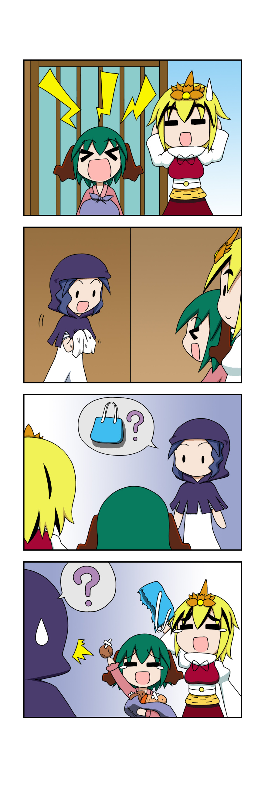 &gt;_&lt; 3girls 4koma :d absurdres carrot closed_eyes comic highres kasodani_kyouko kumoi_ichirin multiple_girls onion open_mouth potato question_mark rakugaki-biyori silent_comic smile sweatdrop toramaru_shou touhou