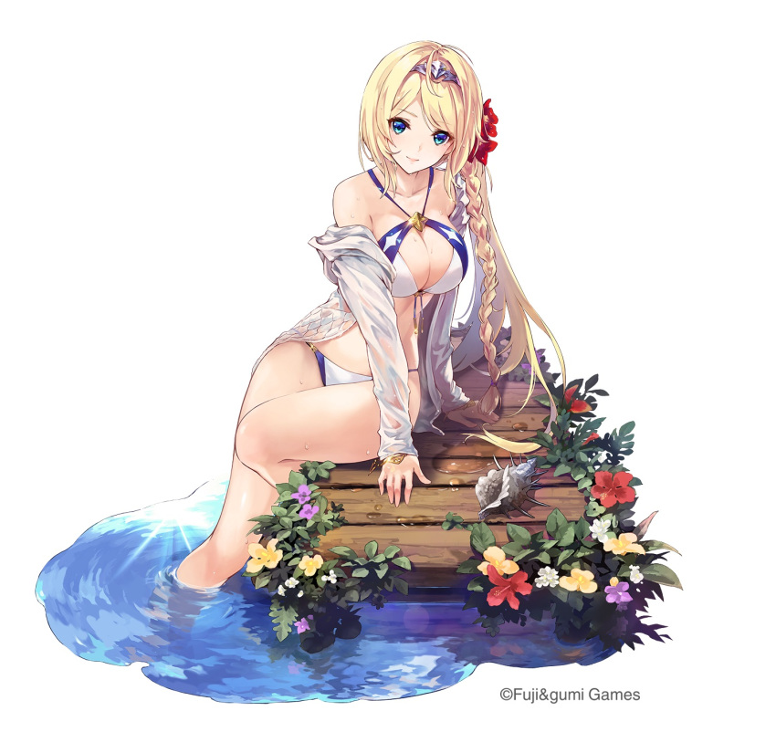 1girl bare_legs bare_shoulders bikini blonde_hair blue_eyes bracelet braid breasts cleavage cleavage_cutout collarbone company_name crown dare_ga_tame_no_alchemist dock eyebrows_visible_through_hair flower hair_flower hair_ornament hairband highres jewelry large_breasts long_hair looking_at_viewer official_art partially_submerged pink_lips seashell see-through shell side_braid sitting smile swimsuit water wet wet_clothes yauras_(dare_ga_tame_no_alchemist)