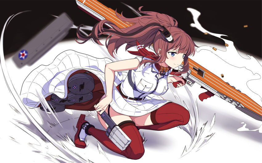 1girl anchor bangs belt blue_eyes blush breast_pocket breasts brown_hair closed_mouth cnm commentary dress drum_magazine flight_deck floating_hair garter_straps gun hair_between_eyes hair_ornament high_heels highres kantai_collection large_breasts long_hair looking_afar machinery pocket ponytail pouch red_legwear reloading saratoga_(kantai_collection) scarf shell_casing side_ponytail sidelocks smile smokestack solo squatting submachine_gun thigh-highs thigh_pouch thigh_strap thompson_submachine_gun weapon white_dress wind wind_lift