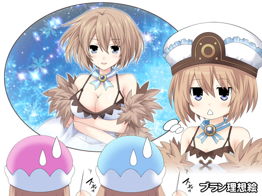 bare_shoulders blanc blue_eyes blush breasts brown_hair cleavage fur_trim hat kagura_ittou looking_at_viewer multiple_girls neptune_(series) open_mouth ram_(choujigen_game_neptune) rom_(choujigen_game_neptune) shin_jigen_game_neptune_vii short_hair sweatdrop