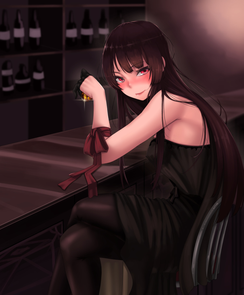 1girl bar bar_stool black_hair black_legwear blush bow character_request cloel copyright_request eyebrows_visible_through_hair highres legs_crossed long_hair pantyhose red_bow red_eyes red_ribbon ribbon sitting smile solo stool