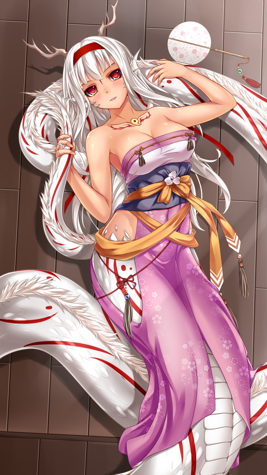 1girl breasts chinese_clothes cleavage collarbone dragon_girl eastern_dragon floral_print from_above hairband hanfu head_fins highres horns long_hair looking_at_viewer lying magatama medium_breasts midnight_(banyex) monster_girl monster_girl_encyclopedia obi on_back on_floor parted_lips red_eyes ryuu_(monster_girl_encyclopedia) sash scales smile solo tattoo white_hair wide_sleeves wooden_floor