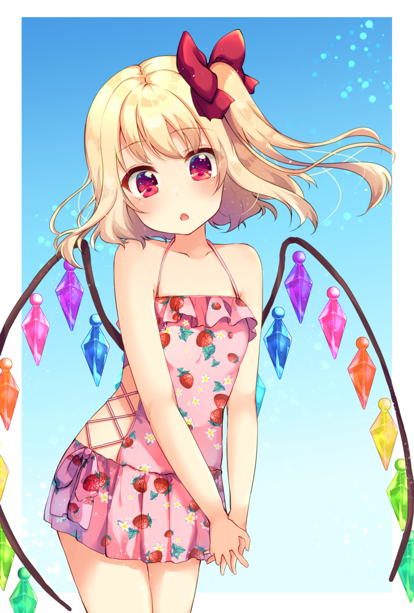 1girl :o alternate_costume bare_arms bare_shoulders blonde_hair blue_background collarbone contrapposto cowboy_shot flandre_scarlet food_print hands_together head_tilt highres interlocked_fingers looking_at_viewer red_eyes short_hair side_ponytail standing strawberry_print suzu_(minagi) swimsuit touhou wind wings