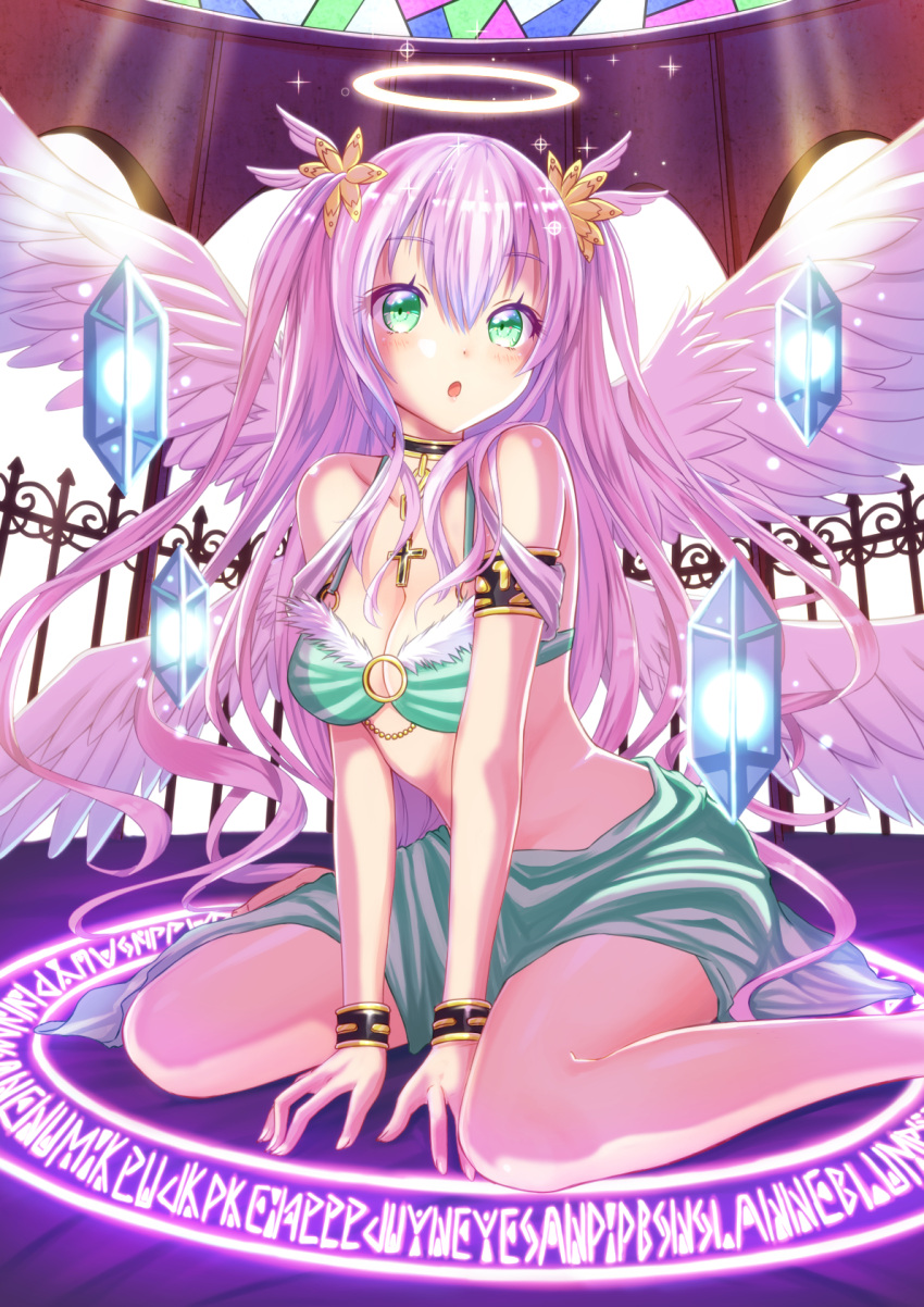 1girl angel angel_wings armlet bangs bare_arms bare_legs bare_shoulders between_legs blush bracelet breasts chains choker cleavage collarbone commentary_request cross crystal eyebrows_visible_through_hair eyelashes feathered_wings fingernails green_eyes hair_between_eyes hair_ornament halo hand_between_legs hands_on_floor highres jewelry long_fingernails long_hair looking_at_viewer magic_circle medium_breasts multiple_wings original pink_hair seiza seraph sitting skirt solo sparkle spread_wings strapless tenzeru tubetop two_side_up very_long_hair white_wings wings