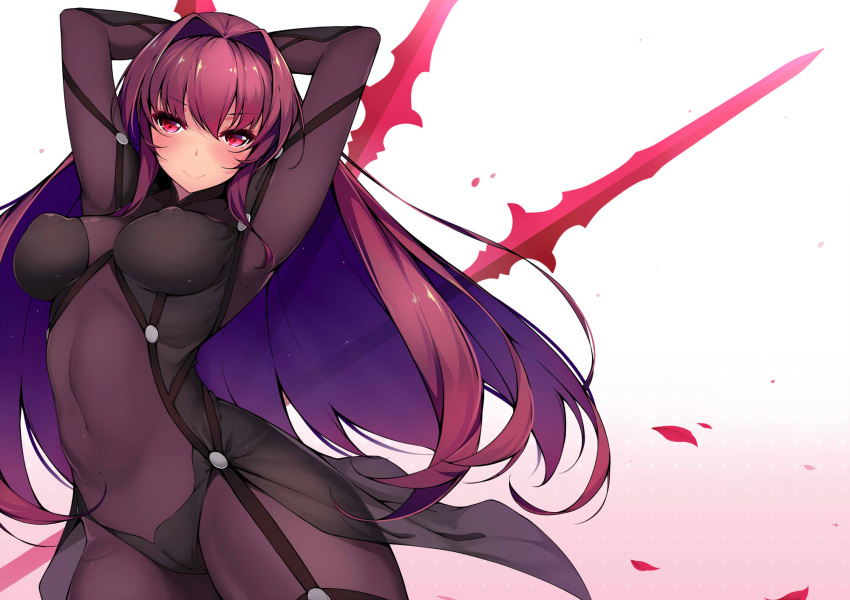 armpits arms_up blush bodysuit breasts covered_navel dean fate/grand_order fate_(series) gae_bolg highres large_breasts long_hair looking_at_viewer polearm purple_bodysuit purple_hair red_eyes scathach_(fate/grand_order) spear weapon