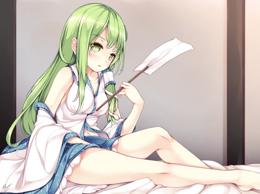 1girl bare_legs bare_shoulders barefoot belly_peek blue_skirt blush breasts collarbone collared_shirt detached_sleeves frilled_skirt frills frog_hair_ornament from_side gohei green_eyes green_hair hair_ornament hair_tubes highres kochiya_sanae long_hair looking_at_viewer looking_to_the_side maremay0513 medium_breasts navel nontraditional_miko parted_lips shirt sidelocks sitting skirt sleeveless sleeveless_shirt snake_hair_ornament solo touhou white_shirt wide_sleeves