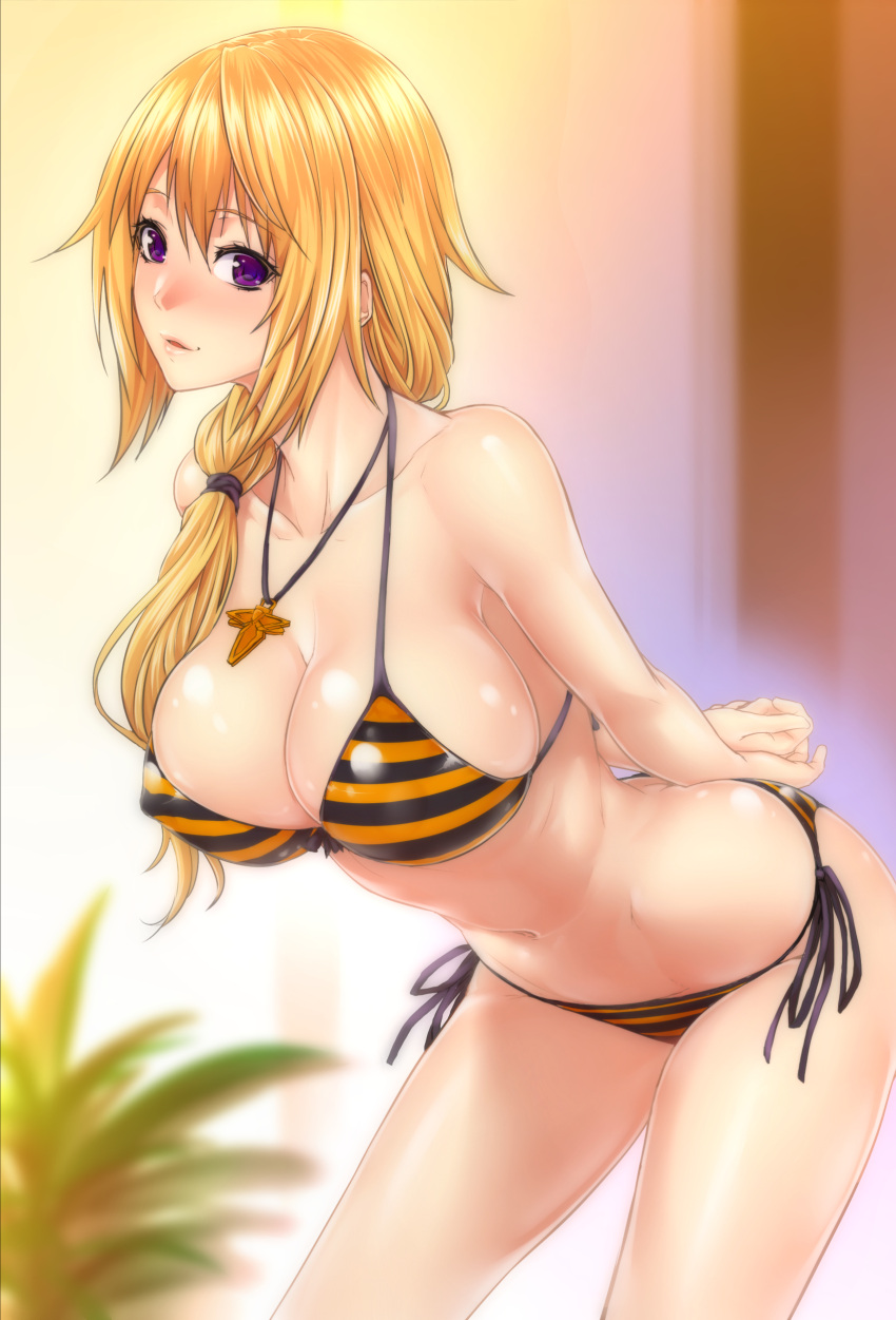 1girl absurdres arms_behind_back bikini blonde_hair blush breasts charlotte_dunois cleavage highres infinite_stratos jewelry large_breasts leaning_forward lips long_hair looking_at_viewer navel necklace parted_lips side-tie_bikini smile solo striped striped_bikini swimsuit violet_eyes zucchini