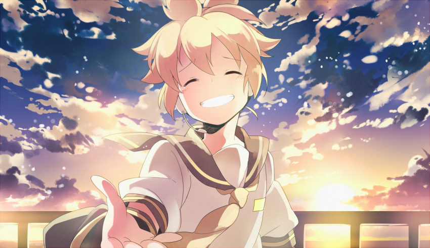 1boy bangs blonde_hair closed_eyes clouds cloudy_sky facing_viewer grin hair_between_eyes happy_tears kagamine_len long_sleeves male_focus outdoors outstretched_hand school_uniform serafuku sky smile solo sunset tears teeth u35 vocaloid