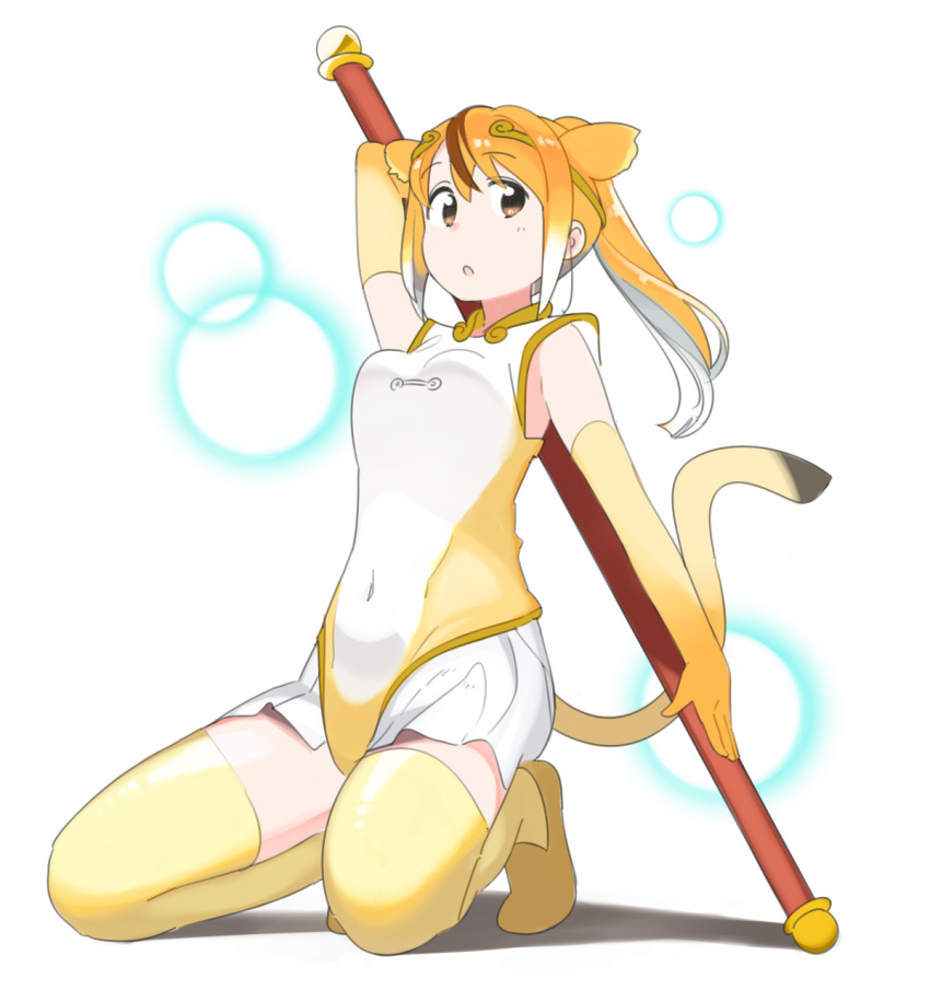 1girl :o blush brown_eyes brown_hair circlet elbow_gloves gloves golden_snub-nosed_monkey_(kemono_friends) highleg highleg_leotard highres holding holding_staff kasa_list kemono_friends kneeling leotard monkey_tail multicolored_hair open_mouth orange_hair shoes skirt solo staff tail thigh-highs thighs white_hair yellow_gloves yellow_legwear yellow_leotard yellow_shoes