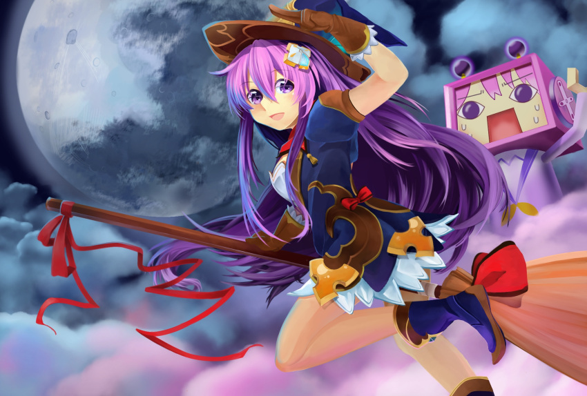 1girl blush broom clouds flying four_goddesses_online:_cyber_dimension_neptune hair_ornament hat highres long_hair looking_at_viewer moon nepgear neptune_(series) purple_hair smile violet_eyes witch_hat