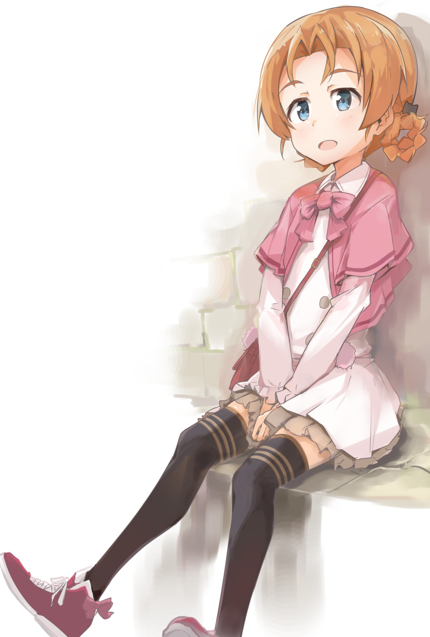 1girl absurdres bag bangs black_bow black_legwear blue_eyes bow bowtie braid capelet carrying casual cross-laced_footwear dress full_body girls_und_panzer hair_bow handbag highres long_sleeves open_mouth orange_hair orange_pekoe parted_bangs petticoat pink_bow pink_bowtie pink_cape pink_dress red_shoes shoes short_dress short_hair shuiro_(frog-16) sitting smile sneakers solo striped striped_legwear thigh-highs tied_hair twin_braids v_arms
