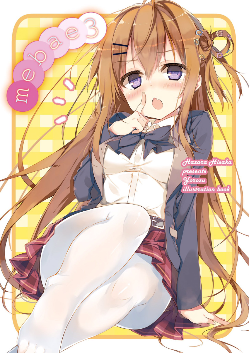 1girl :o artist_name bangs blazer blouse blush breasts brown_hair chestnut_mouth cover cover_page doujin_cover eyebrows_visible_through_hair fang hair_between_eyes hair_ornament hairclip highres hisaka_hazara index_finger_raised jacket knee_up long_hair looking_at_viewer medium_breasts one_side_up open_blazer open_clothes open_jacket open_mouth original pantyhose plaid plaid_background plaid_skirt pleated_skirt red_skirt sidelocks sitting skirt solo very_long_hair violet_eyes white_blouse white_legwear yellow_background