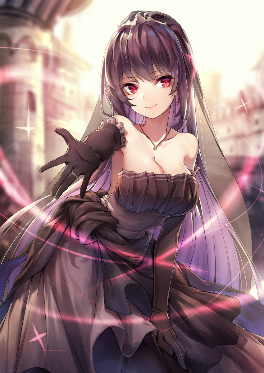 1girl absurdres bare_shoulders black_dress black_gloves breasts cleavage collarbone diadem dress elbow_gloves girls_frontline gloves highres jewelry large_breasts looking_at_viewer necklace rukousou_no_hana smile wa2000_(girls_frontline)