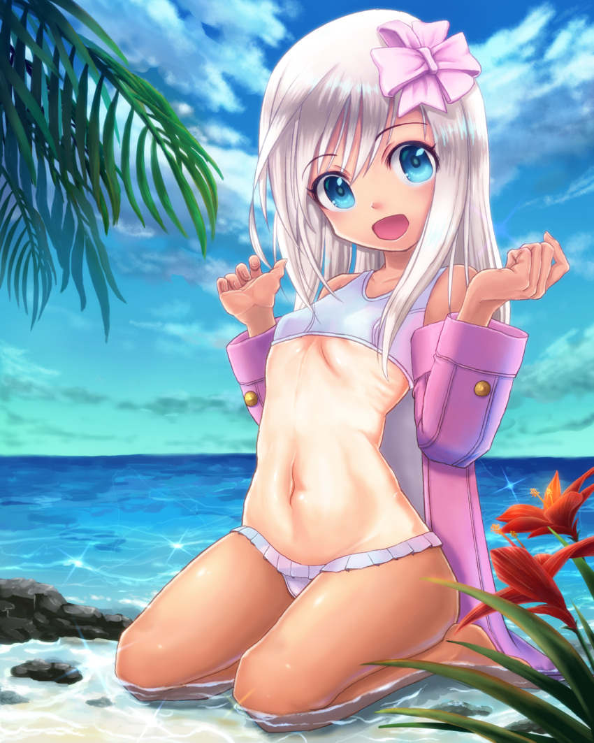 1girl beach bikini blonde_hair blue_eyes blue_sky clouds commentary_request day flower frilled_bikini frills hair_ribbon highres horizon jacket kantai_collection leaf long_hair looking_at_viewer ninjin99 ocean one-piece_tan open_clothes open_jacket open_mouth outdoors pink_jacket ribbon ro-500_(kantai_collection) rock seiza sitting sky smile solo swimsuit tan tanline white_bikini
