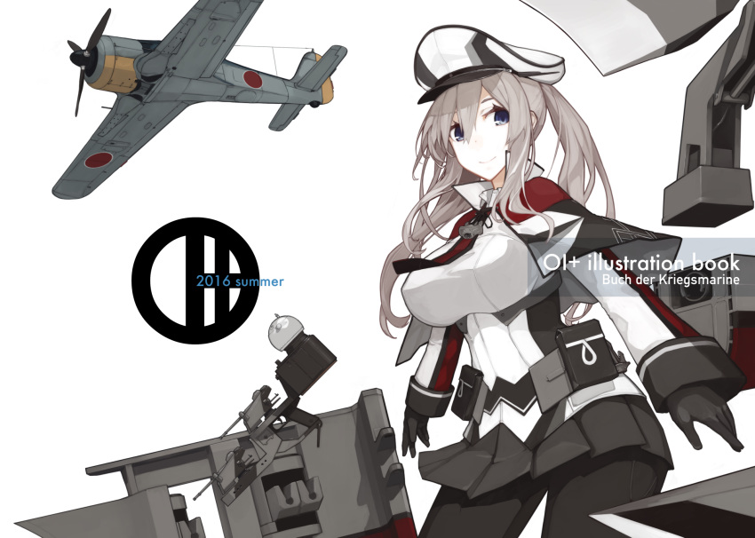 10s 1girl aircraft airplane bangs black_gloves black_skirt blue_eyes breasts capelet closed_mouth gloves graf_zeppelin_(kantai_collection) grey_hair hair_between_eyes hat highres kantai_collection large_breasts long_hair long_sleeves looking_at_viewer mikoto_(oi_plus) military military_uniform military_vehicle pantyhose peaked_cap pleated_skirt rigging simple_background skirt smile solo twintails uniform white_background