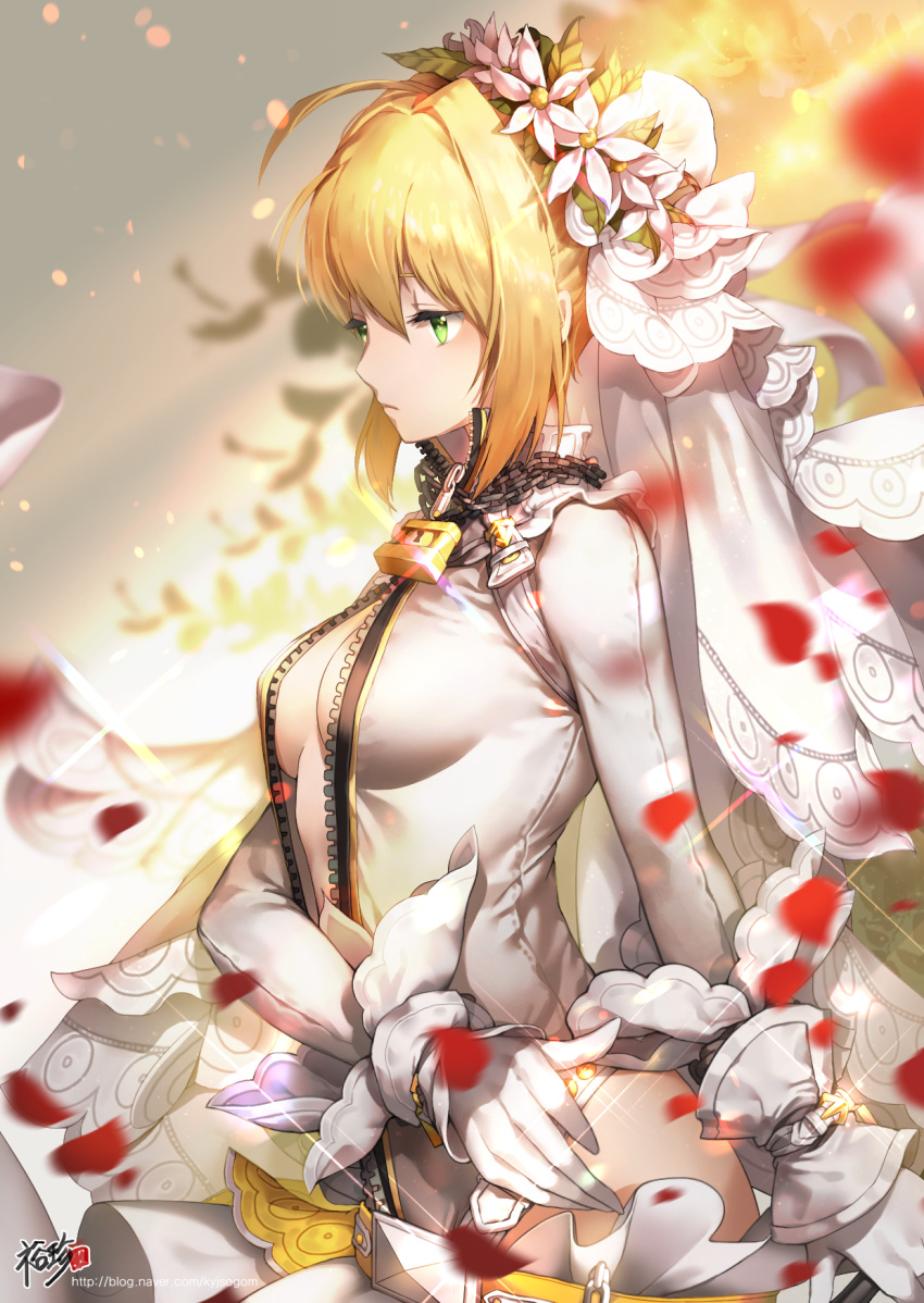 1girl ahoge bangs belt belt_buckle blonde_hair breasts bridal_veil buckle center_opening chains cleavage closed_mouth collar detached_collar fate/extra fate/extra_ccc fate_(series) flower from_side gloves green_eyes hair_between_eyes hair_flower hair_intakes hair_ornament head_wreath highres kyjsogom leotard lock long_sleeves looking_away medium_breasts padlock padlocked_collar petals plant saber_bride saber_extra short_hair sidelocks signature thigh-highs veil watermark web_address white_gloves white_leotard zipper