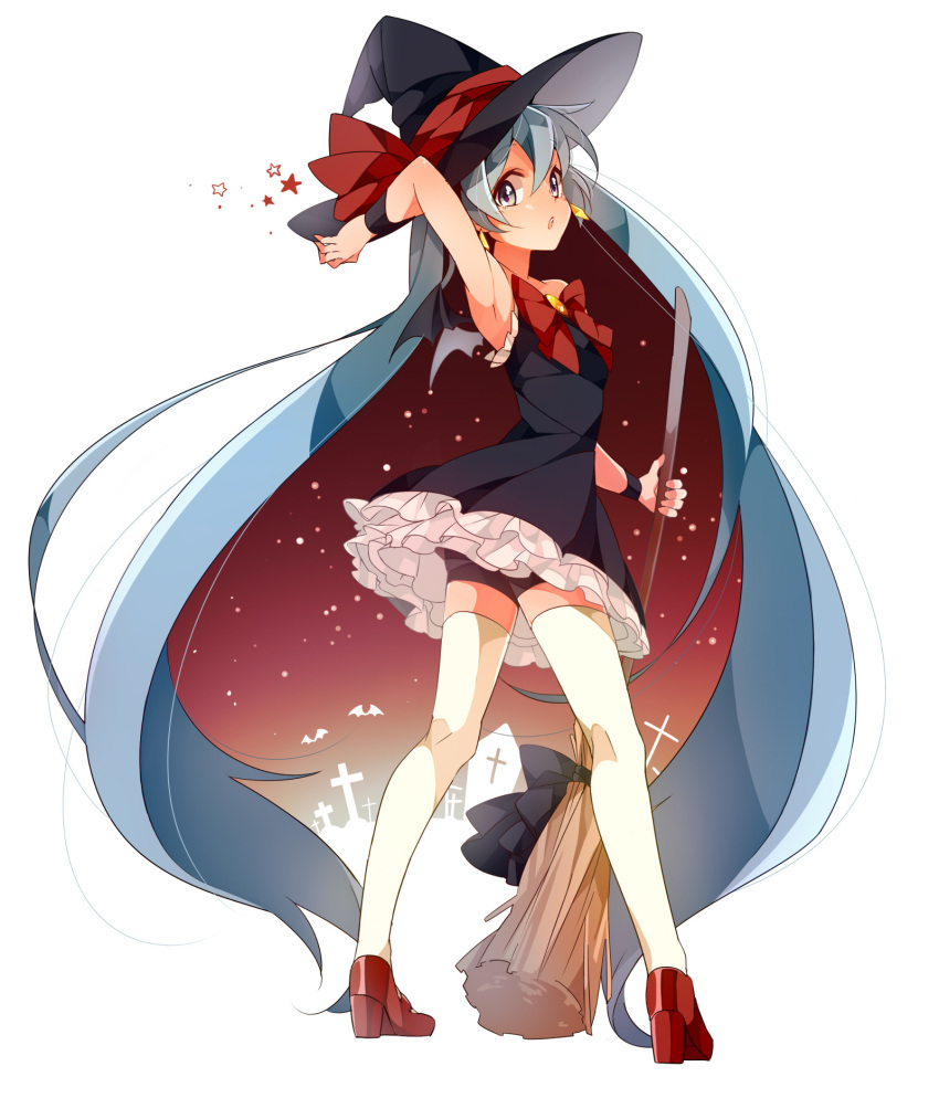 1girl :o aqua_eyes aqua_hair arm_up armpits bike_shorts blue_eyes blue_hair bow broom dress earrings full_body hat hat_ribbon hatsune_miku high_heels highres holding hoop_earrings jewelry long_hair looking_at_viewer looking_back open_mouth ribbon shoes simple_background solo star thigh-highs twintails u35 very_long_hair vocaloid white_background white_legwear witch witch_hat