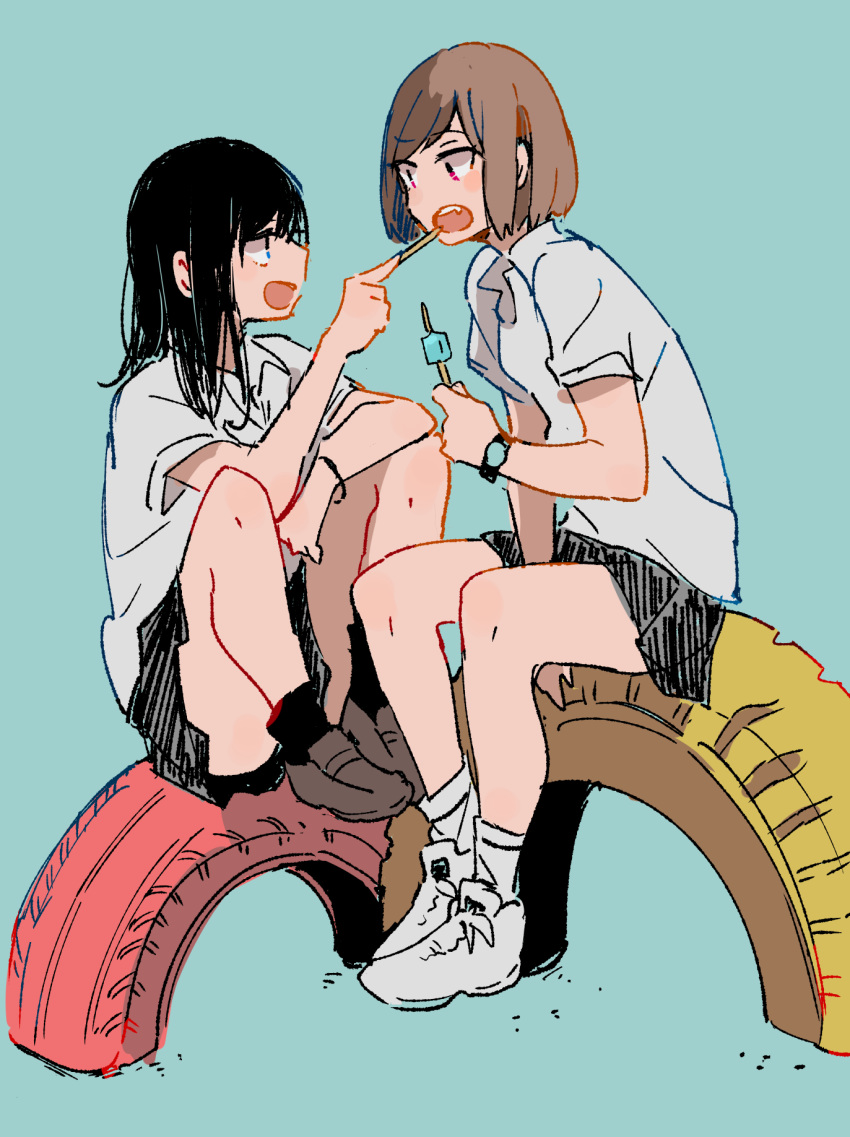 2girls bangs between_legs black_hair blue_background blue_eyes blush brown_hair eating eyebrows_visible_through_hair fang feeding food grey_shirt hand_between_legs highres index_finger_raised knees_up monsieur multiple_girls open_mouth original pink_eyes popsicle profile school_uniform shirt shoes short_hair short_sleeves simple_background sitting sketch sneakers teeth tire