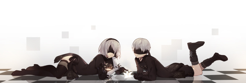 1boy 1girl absurdres black_dress black_gloves black_legwear blindfold boots breasts choker couple dress flower gloves hairband highres kllsiren long_sleeves mole mole_under_mouth nier_(series) nier_automata short_hair silver_hair smile thigh-highs white_hair yorha_no._2_type_b yorha_no._9_type_s