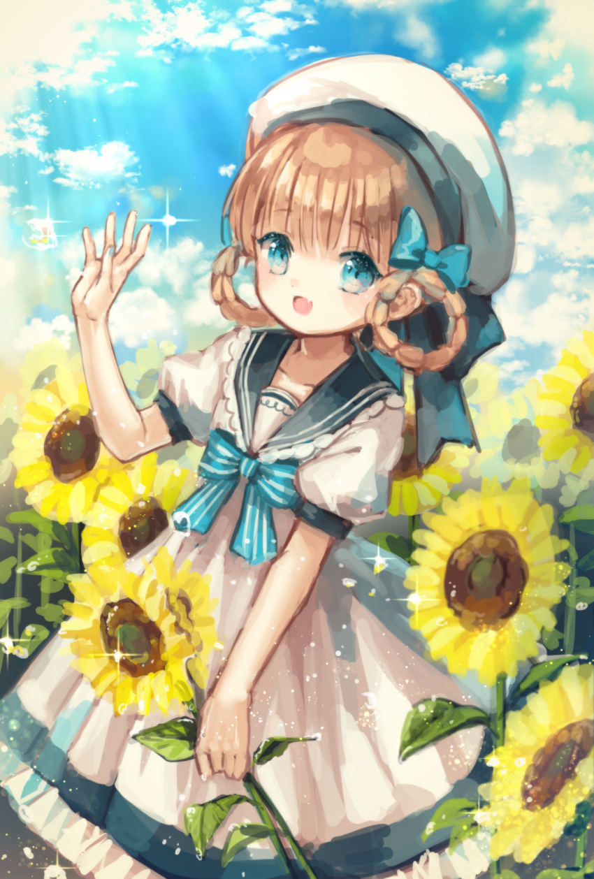 1girl blue_bow blue_eyes blue_nails blush bow brown_hair flower hair_bow hat highres looking_at_viewer nail_polish open_mouth original short_hair smile solo sunflower white_hat yumeichigo_alice
