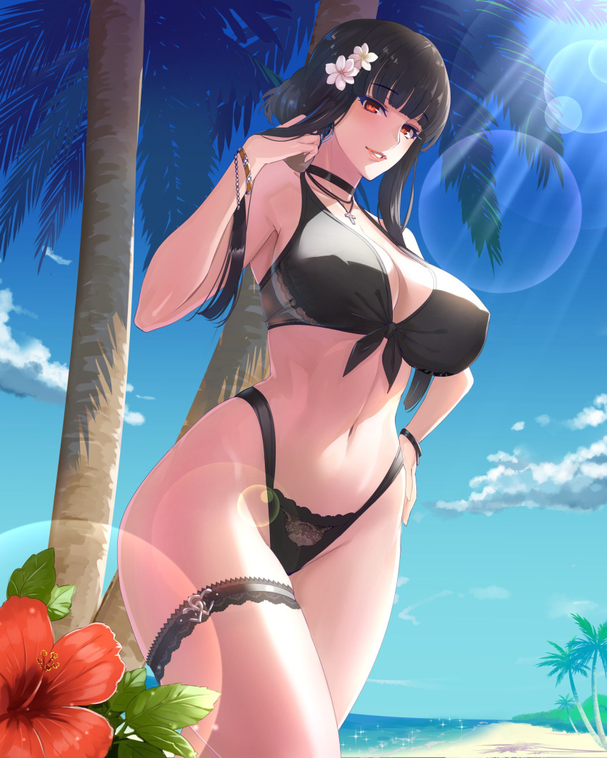 1girl absurdres bare_shoulders beach bikini black_hair blue_sky blush bracelet breasts character_request choker cleavage clouds copyright_request daglasses erect_nipples flower folded_ponytail frangipani front-tie_bikini front-tie_top garter hair_flower hair_ornament hand_on_hip hibiscus highres hime_cut jewelry large_breasts lens_flare lips long_hair looking_at_viewer navel necklace outdoors palm_tree parted_lips sand sky solo swimsuit thong_bikini tree water