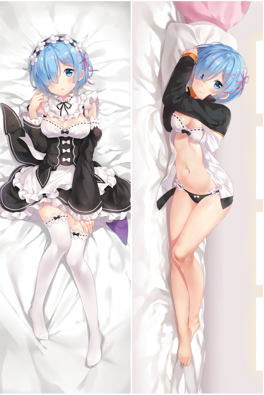 1girl apron arms_up bare_legs barefoot bed_sheet black_panties black_ribbon blue_eyes blue_hair blush bow bow_bra bow_dress bow_legwear bow_panties bra breasts cleavage collar dakimakura detached_collar detached_sleeves dress eyebrows_visible_through_hair feet frilled_collar frilled_dress frilled_panties frilled_sleeves frills from_above full_body hair_ornament hair_over_one_eye hair_ribbon hand_on_own_thigh hand_up head_on_pillow head_rest highres hitsukuya jacket knees_together_feet_apart long_sleeves looking_at_viewer lying maid maid_apron maid_headdress medium_breasts navel neck_ribbon no_shoes on_back on_side open_track_jacket panties parted_lips pillow purple_ribbon re:zero_kara_hajimeru_isekai_seikatsu rem_(re:zero) ribbon short_hair sleeves_past_wrists smile stomach thigh-highs track_jacket underwear white_bow white_bra white_legwear wide_sleeves x_hair_ornament zettai_ryouiki