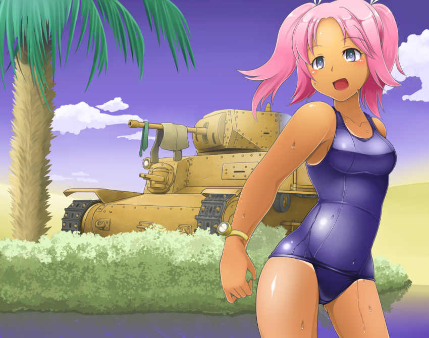 1girl blue_eyes clouds dead_people desert ground_vehicle highres m13/40 military military_vehicle motor_vehicle original palm_tree pink_hair school_swimsuit sky smile swimsuit tan tank tree twintails water