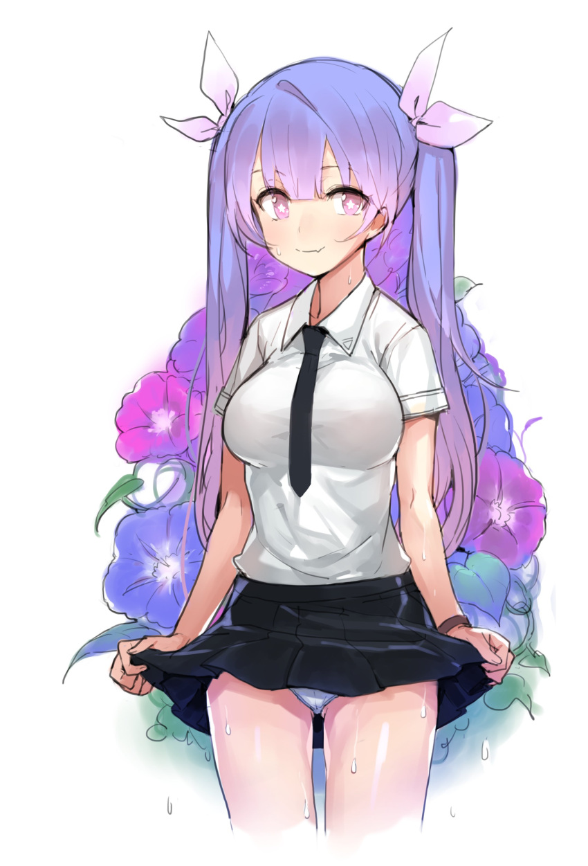 10s 1girl absurdres alternate_costume battle_koala black_necktie black_skirt blue_flower breasts fang highres i-19_(kantai_collection) kantai_collection large_breasts long_hair necktie panties pink_eyes pleated_skirt purple_flower purple_hair shirt short_sleeves simple_background skirt smile solo star star-shaped_pupils symbol-shaped_pupils twintails underwear white_background white_panties white_shirt