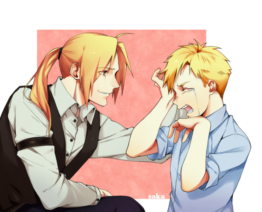 2boys alphonse_elric artist_name blonde_hair blue_shirt brothers child crying edward_elric eyebrows_visible_through_hair formal fullmetal_alchemist long_hair looking_at_another male_focus multiple_boys open_mouth pink_background ponytail saka_(724596338) shirt short_hair siblings sleeve_garter smile suit tears white_background
