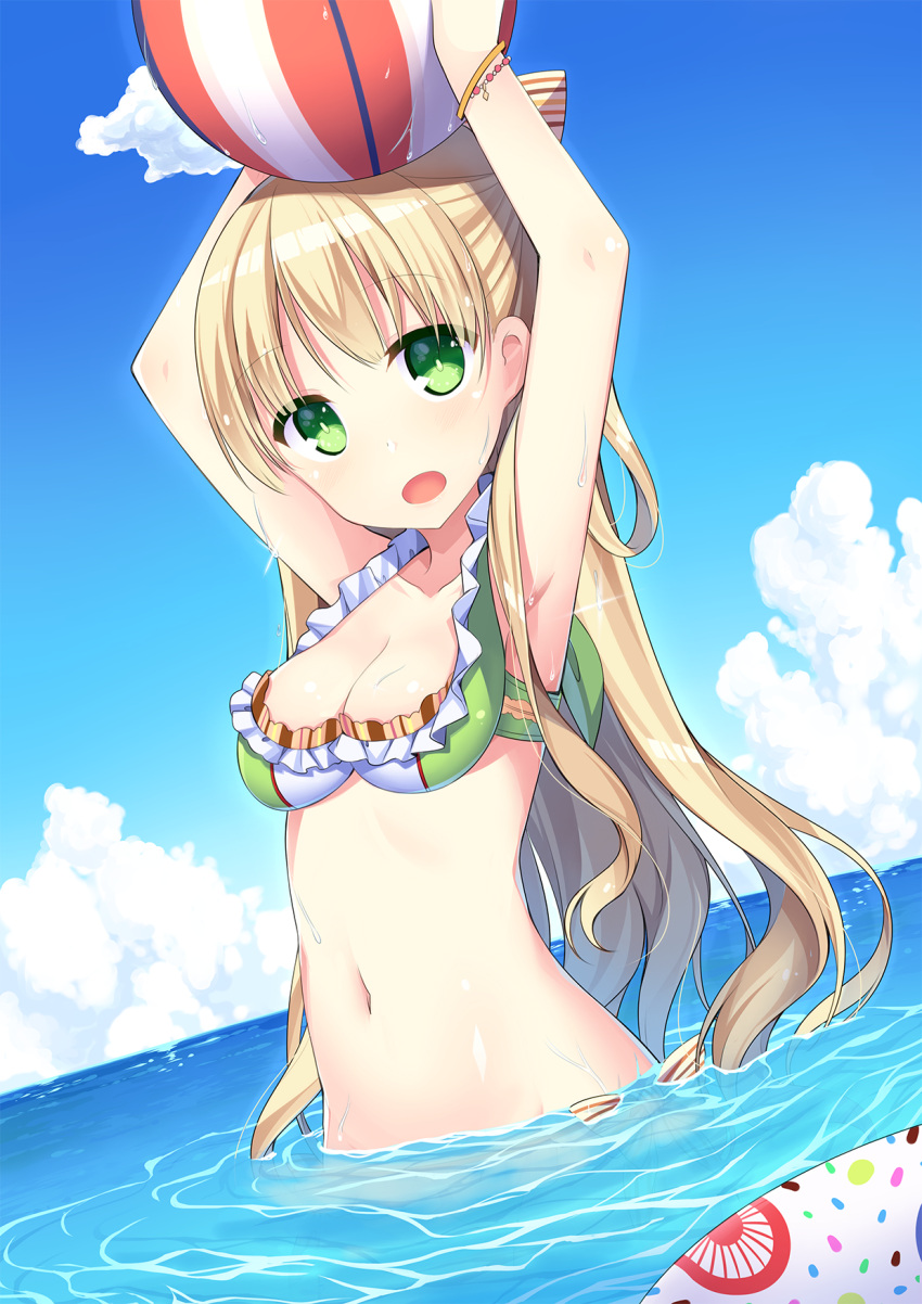1girl :o amemiya_ruki armpits arms_up ball beachball bikini bikini_top blonde_hair blue_sky breasts clouds collarbone commentary_request dutch_angle green_eyes highres long_hair looking_at_viewer medium_breasts navel ocean original partially_submerged sky solo stomach swimsuit water water_drop