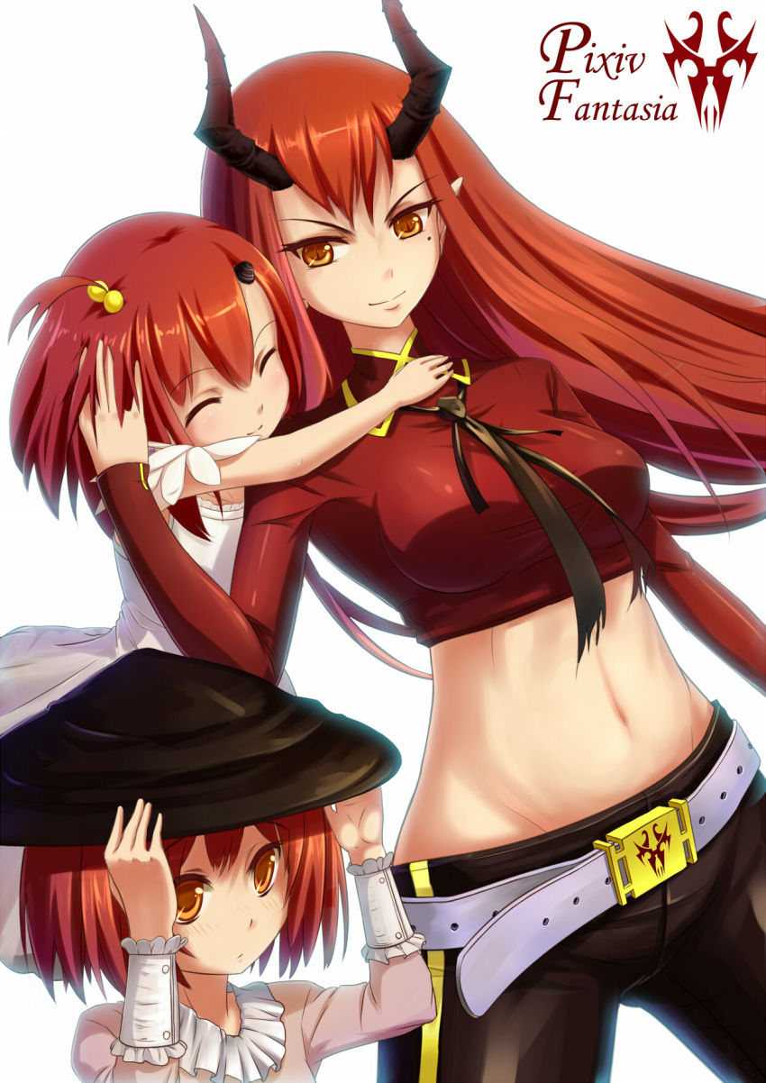 3girls age_difference belt chinese_clothes closed_eyes crop_top dress hand_on_another's_face hat highres horns hug long_hair midriff mole mole_under_eye multiple_girls navel orange_eyes pants pixiv_fantasia pixiv_fantasia_fallen_kings pointy_ears redhead short_hair siblings sisters slit_pupils smile very_long_hair white_dress xiaoyin_li