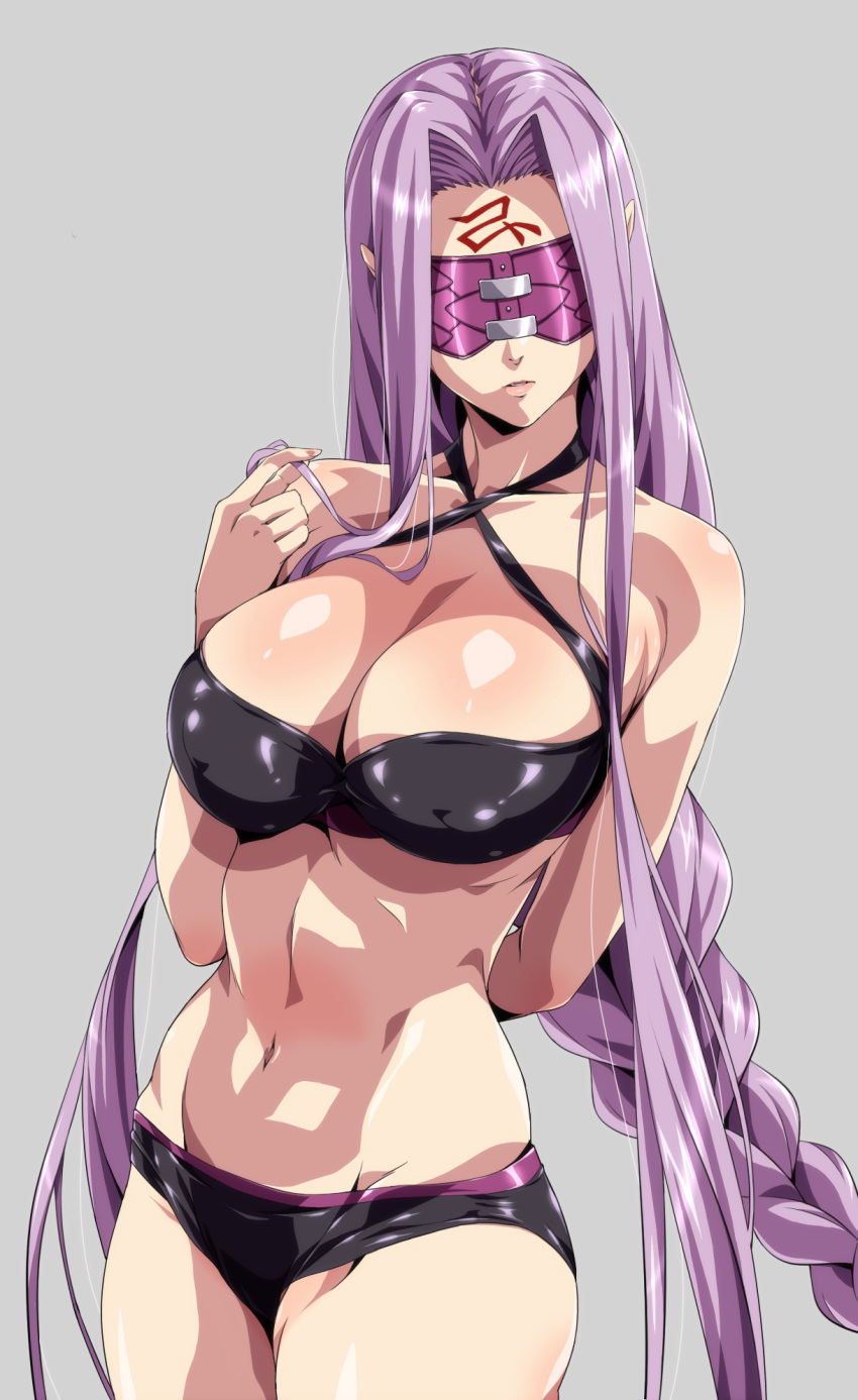 1girl arm_behind_back bare_shoulders bikini black_bikini blindfold braid breasts cleavage cowboy_shot erect_nipples erect_nipples_under_clothes facial_mark fate/stay_night fate_(series) forehead_mark grey_background highres large_breasts lips long_hair navel parted_lips playing_with_own_hair purple_hair rider shiny shiny_clothes shiny_hair shiny_skin simple_background single_braid solo standing swimsuit very_long_hair wankoro_mochi