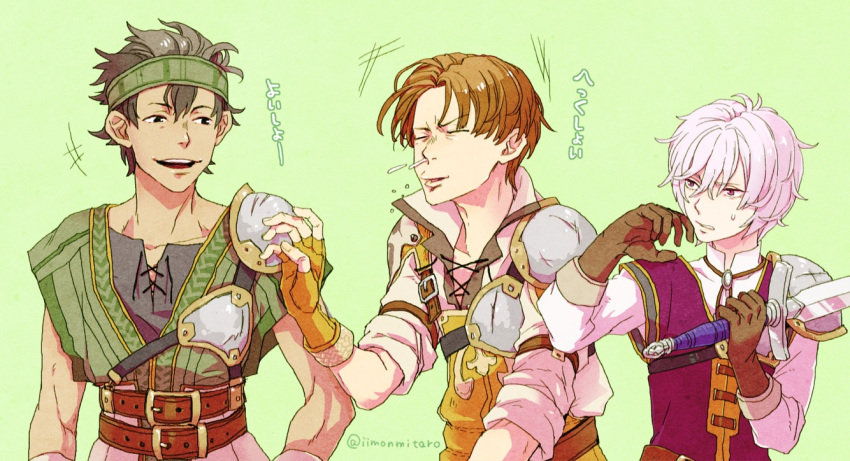 3boys adusa artist_name belt black_hair brown_hair closed_eyes dark_skin fingerless_gloves fire_emblem fire_emblem_echoes:_mou_hitori_no_eiyuuou gloves green_background grey_(fire_emblem) headband kliff_(fire_emblem) male_focus multiple_boys open_mouth simple_background sneezing sword teeth tobin_(fire_emblem) upper_body violet_eyes weapon white_hair