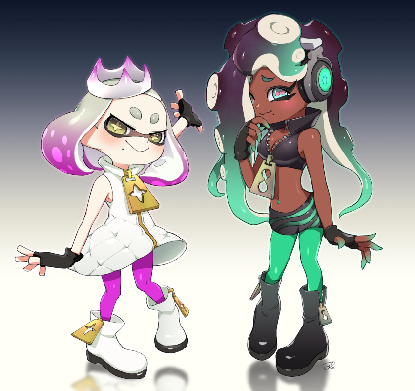 +_+ 2girls absurdres aqua_eyes aqua_hair bare_shoulders blush breasts cleavage crop_top crown dark_skin dress fingerless_gloves full_body gloves green_eyes green_legwear hair_over_one_eye headphones highres looking_at_viewer makeup marina_(splatoon) mascara midriff mole mole_under_mouth multicolored_hair multiple_girls navel navel_piercing pantyhose pearl_(splatoon) piercing pink_hair pink_legwear puchiman purple_hair short_eyebrows shorts sleeveless sleeveless_dress smile splatoon splatoon_2 symbol-shaped_pupils tentacle_hair two-tone_hair white_hair zipper