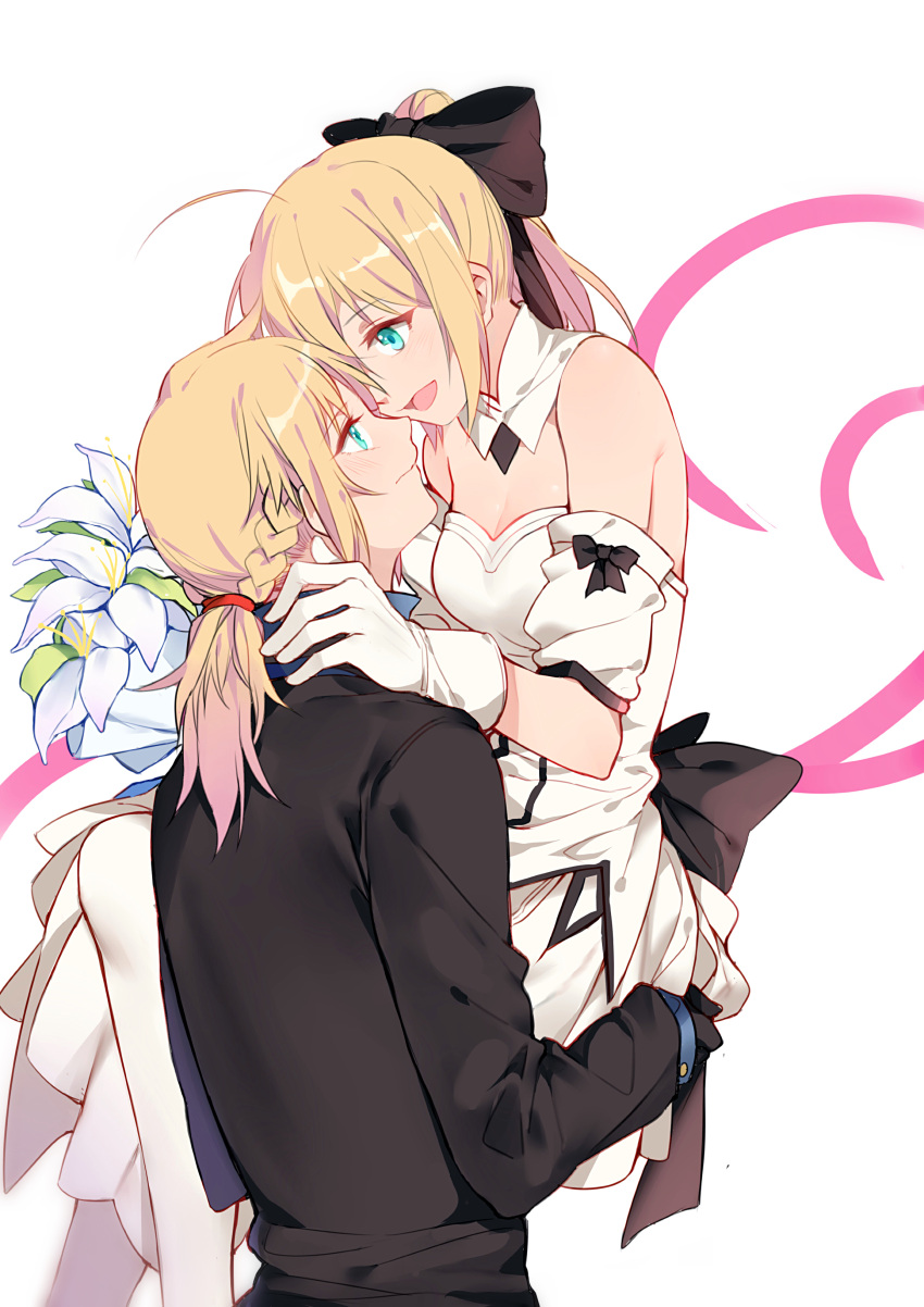 2girls absurdres ahoge black_gloves blonde_hair blush detached_collar detached_sleeves dress fate_(series) flower formal gloves green_eyes hair_ribbon highres lily_(flower) looking_at_another multiple_girls open_mouth ponytail ribbon saber saber_lily saber_of_red simple_background smile suit white_dress white_gloves yorukun yuri