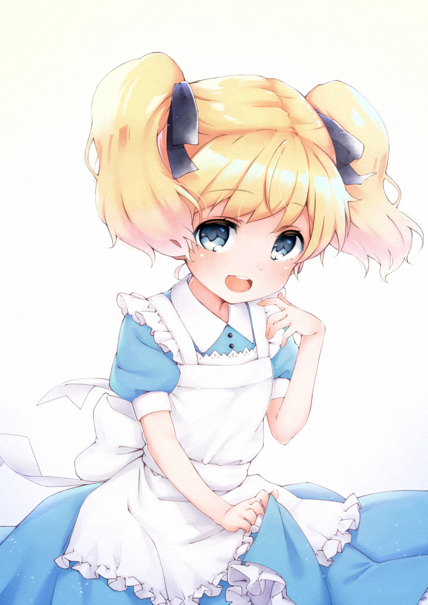 1girl :d alice_cartelet alternate_costume apron bangs blonde_hair blue_dress blue_eyes blue_ribbon blush dress enmaided eyebrows_visible_through_hair frilled_apron frills hair_ribbon hand_up highres kasehk kin-iro_mosaic looking_at_viewer maid open_mouth puffy_short_sleeves puffy_sleeves ribbon round_teeth short_sleeves smile solo tareme teeth twintails wavy_hair
