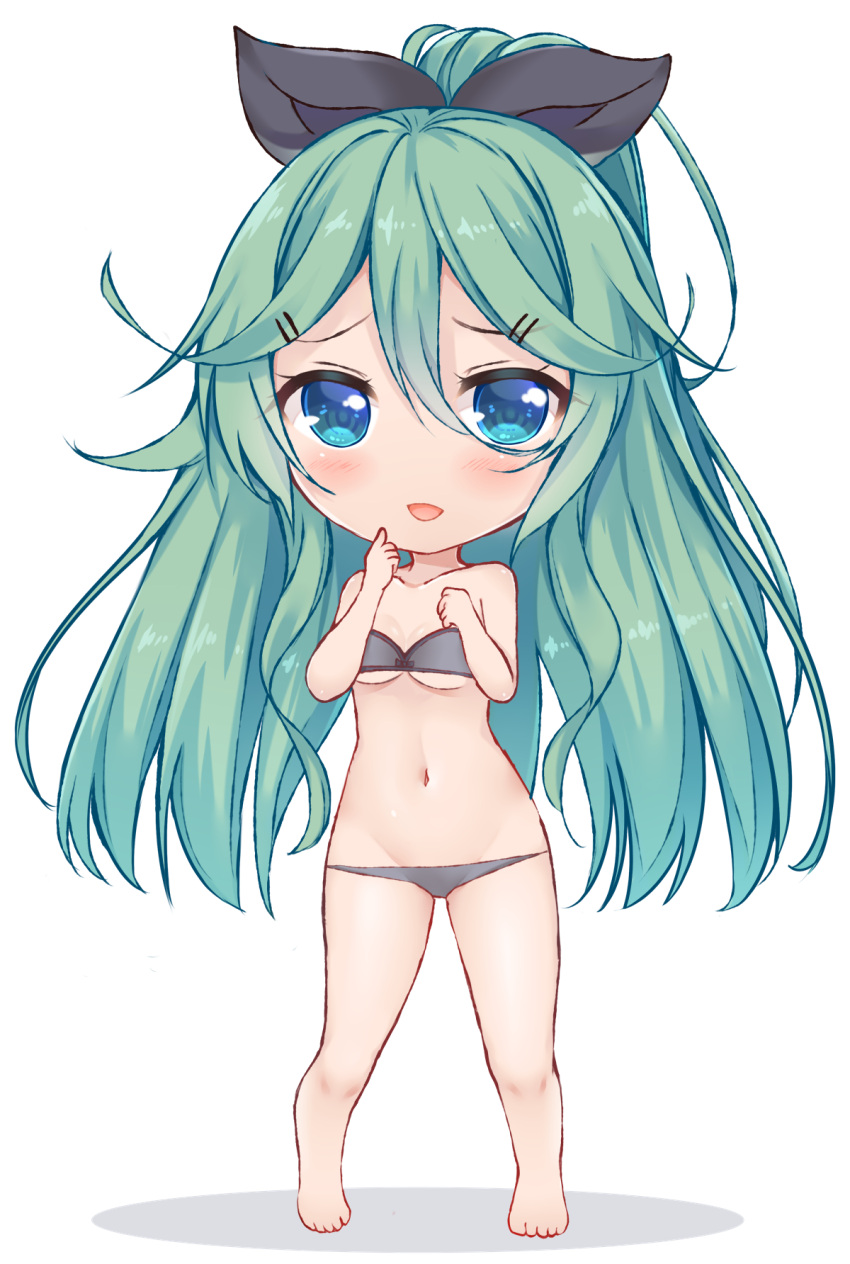 10s 1girl :d bangle bare_shoulders barefoot bikini black_bikini blue_eyes blush bracelet breasts chibi collarbone eyebrows_visible_through_hair flying_sweatdrops full_body green_hair hair_between_eyes hair_ornament hair_ribbon hairclip highres index_finger_raised jewelry kantai_collection long_hair lowleg lowleg_bikini motion_lines navel necklace open_mouth ponytail ribbon small_breasts smile solo standing swimsuit under_boob very_long_hair yamakaze_(kantai_collection) yukina_(black0312)