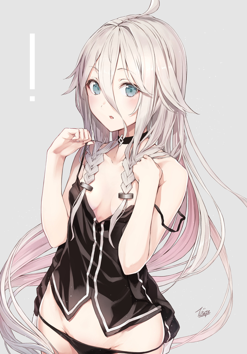 ! 1girl arms_at_sides artist_name black_choker black_panties blue_eyes blush breasts bute_(butegram) camisole collarbone commentary_request eyebrows_visible_through_hair grey_background grey_hair hair_between_eyes hair_flaps highres ia_(vocaloid) long_hair no_pants panties parted_lips revision signature simple_background small_breasts solo strap_slip underwear upper_body very_long_hair vocaloid