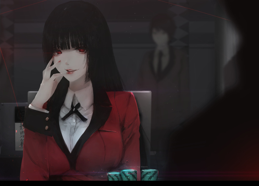 1boy 1girl absurdres aoi_ogata artist_name bangs black_hair black_ribbon blunt_bangs blurry breasts chair commentary depth_of_field fingernails fingers_to_cheeks highres hime_cut indoors jabami_yumeko kakegurui large_breasts light_trail lips long_hair looking_at_viewer nail_polish necktie open_mouth poker_chip red_eyes red_suit ribbon school_uniform shirt sitting smile solo_focus suit_jacket suzui_ryouta teeth very_long_hair