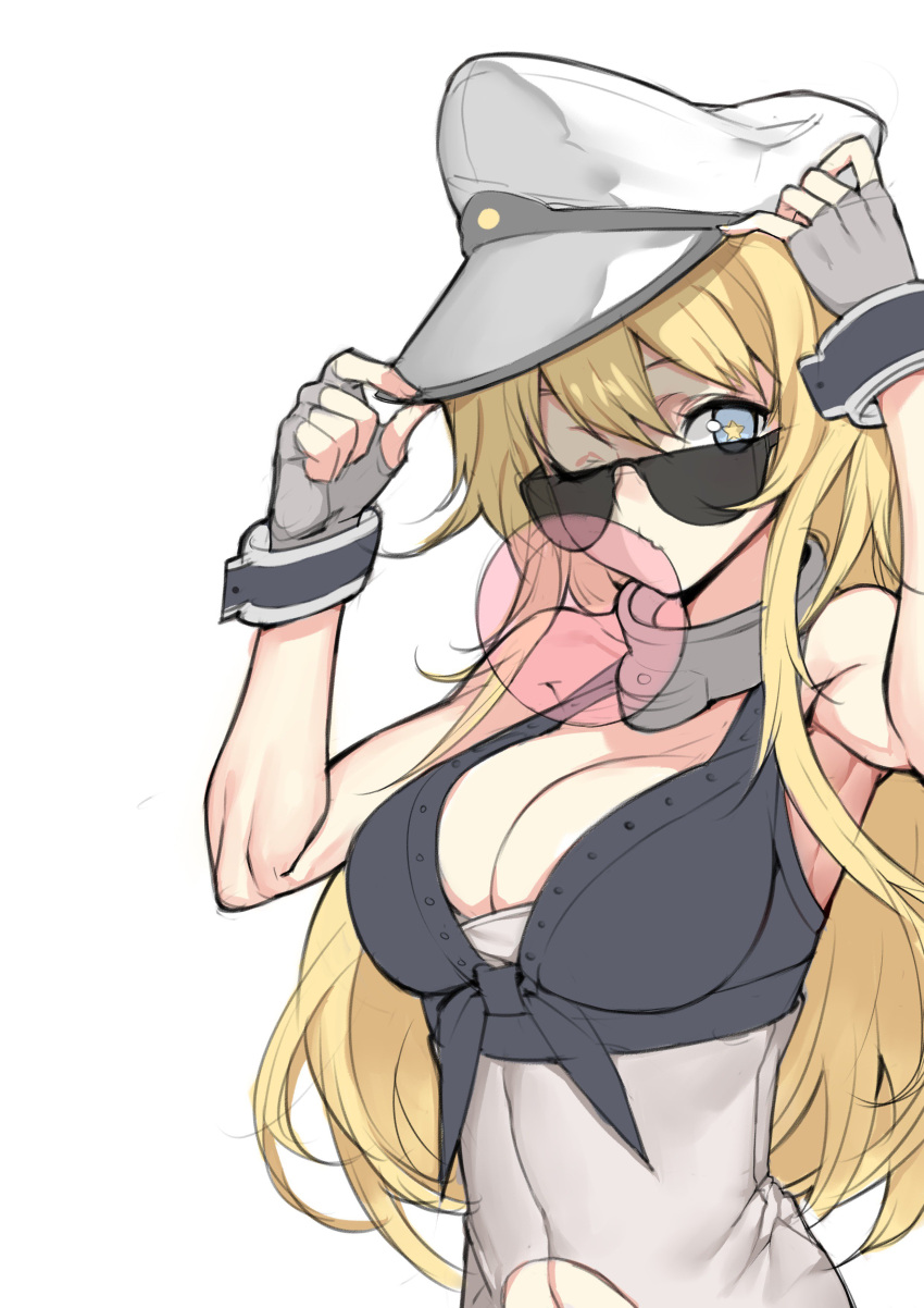 10s 1girl absurdres battle_koala blonde_hair blue_eyes breasts fingerless_gloves front-tie_top gloves grey_gloves highres iowa_(kantai_collection) kantai_collection large_breasts long_hair one_eye_closed simple_background sketch solo star star-shaped_pupils sunglasses symbol-shaped_pupils white_background