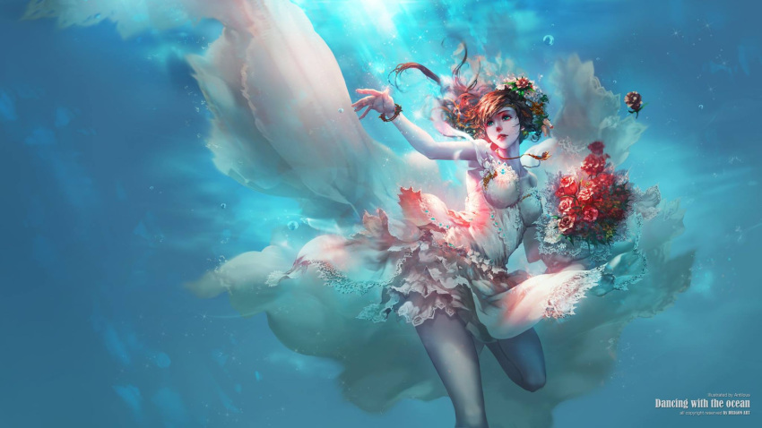 1girl air_bubble antilous artist_name blue_eyes bouquet bracelet bride brown_hair dress flower frilled_dress frills highres jewelry looking_afar necklace original outstretched_hand parted_lips sunlight underwater watermark white_dress