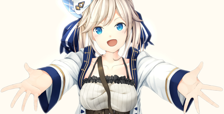 1girl beret blonde_hair blue_eyes breasts collarbone colored eyebrows_visible_through_hair granblue_fantasy hat highres hiraba_6018 kukuru_(granblue_fantasy) long_sleeves open_mouth outstretched_arms ribbon simple_background solo twintails