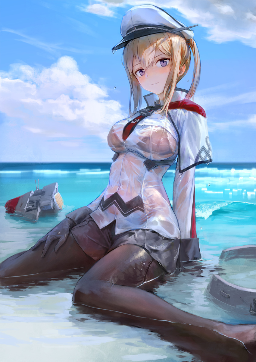 10s 1girl bikini black_bikini black_legwear black_skirt blonde_hair blue_sky breasts capelet clouds cloudy_sky day graf_zeppelin_(kantai_collection) hat highres kantai_collection large_breasts long_hair long_sleeves looking_at_viewer miniskirt necktie outdoors pantyhose partially_submerged peaked_cap red_necktie see-through sitting skirt sky smile solo swimsuit treeware twintails violet_eyes water wet wet_clothes